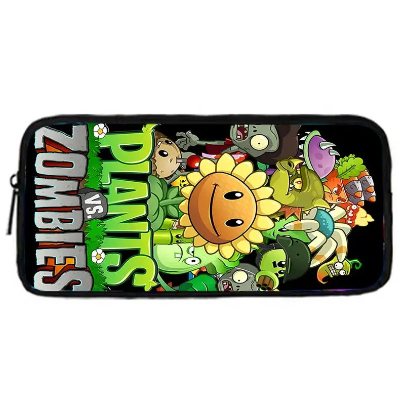 Plants vs Zombies pencil case with colorful PVZ characters on black background