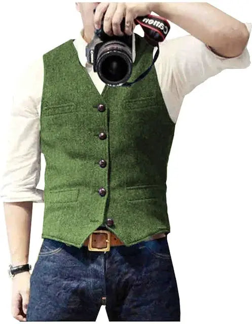 Men's green herringbone tweed waistcoat with brown buttons
