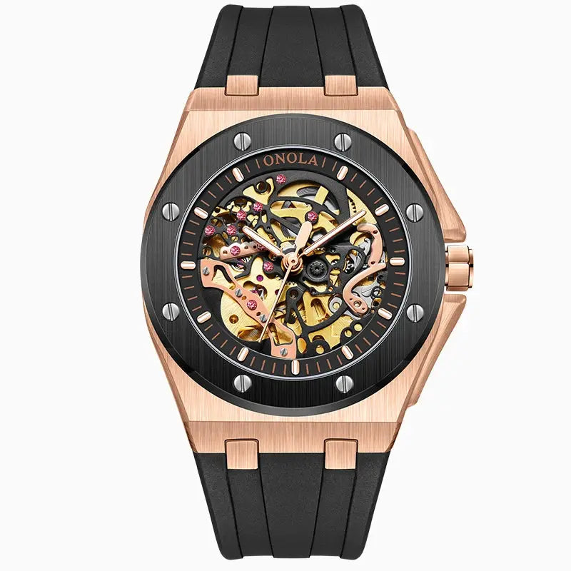 ONOLA skeleton men's watch with rose-gold case, black bezel, and black rubber strap