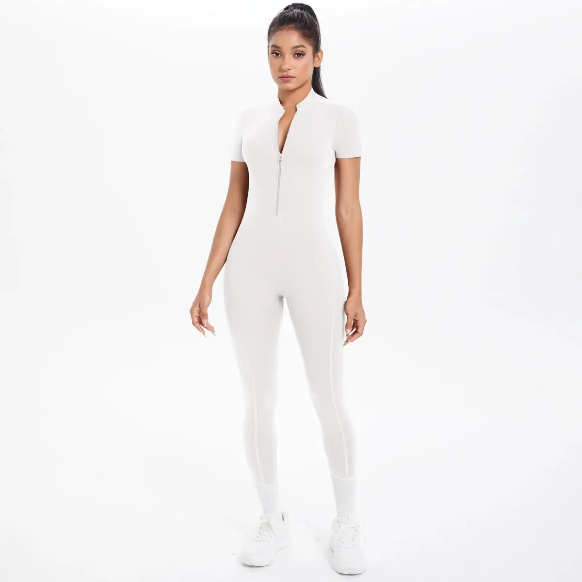 Fitness jumpsuit for women, white, short-sleeve with front half-zip, one-piece bodysuit