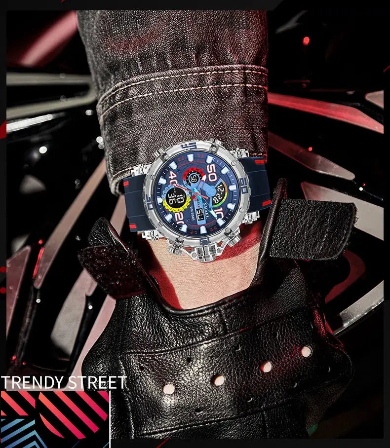 Military men's watch with blue strap, silver bezel, multi-function dial.