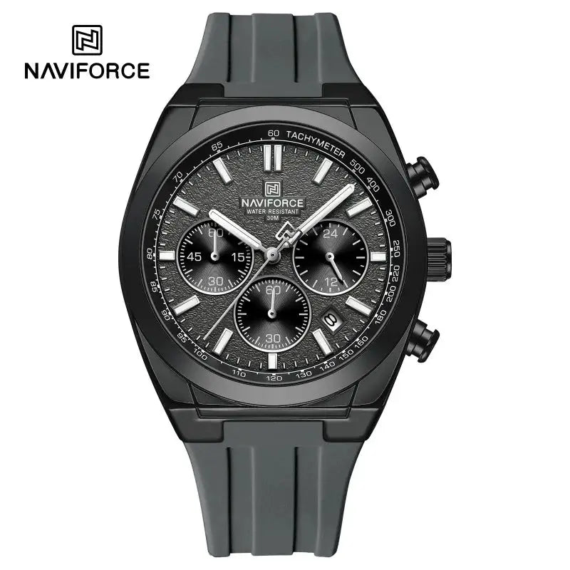 NAVIFORCE men's chronograph watch with black dial, gray silicone strap, luminous hands, 30m water resistant