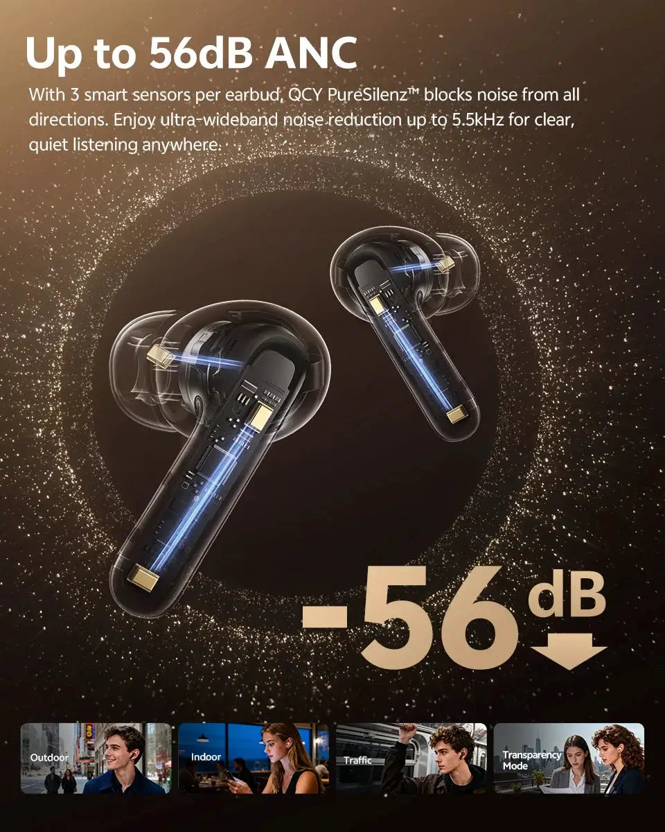 QCY MeloBuds N60 HT19 wireless earphones with coaxial dual drivers and visible internal components, up to 56dB ANC