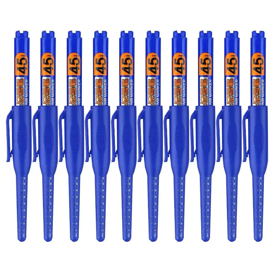 10-pack blue long-head marker pens with 45mm tips and clips