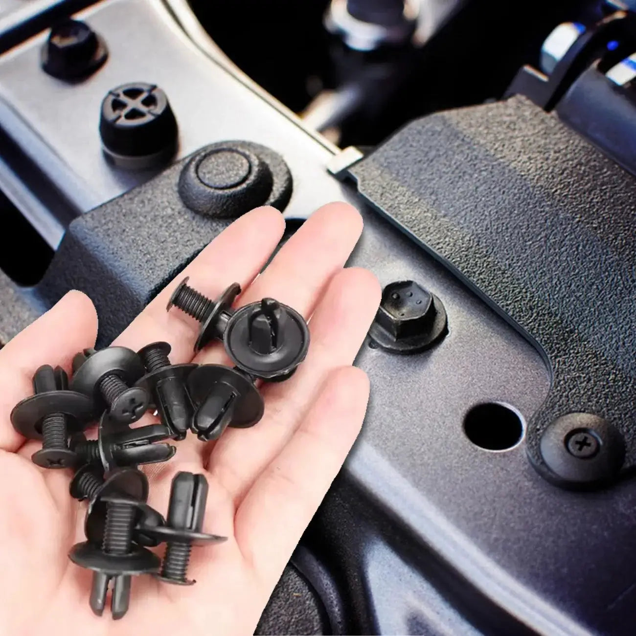 130pc bumper retainer clips with fastener remover kit; black plastic rivets for car door trim panel.