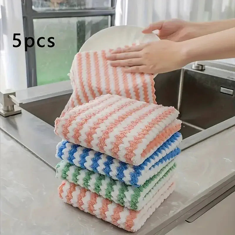 Dishcloths 5pcs coral fleece cleaning cloths in striped peach, blue and green for kitchen use