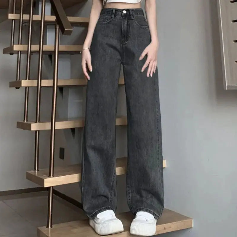 Womens Vintage Wide Leg Jeans High Waist Denim Pants Black Grey Blue