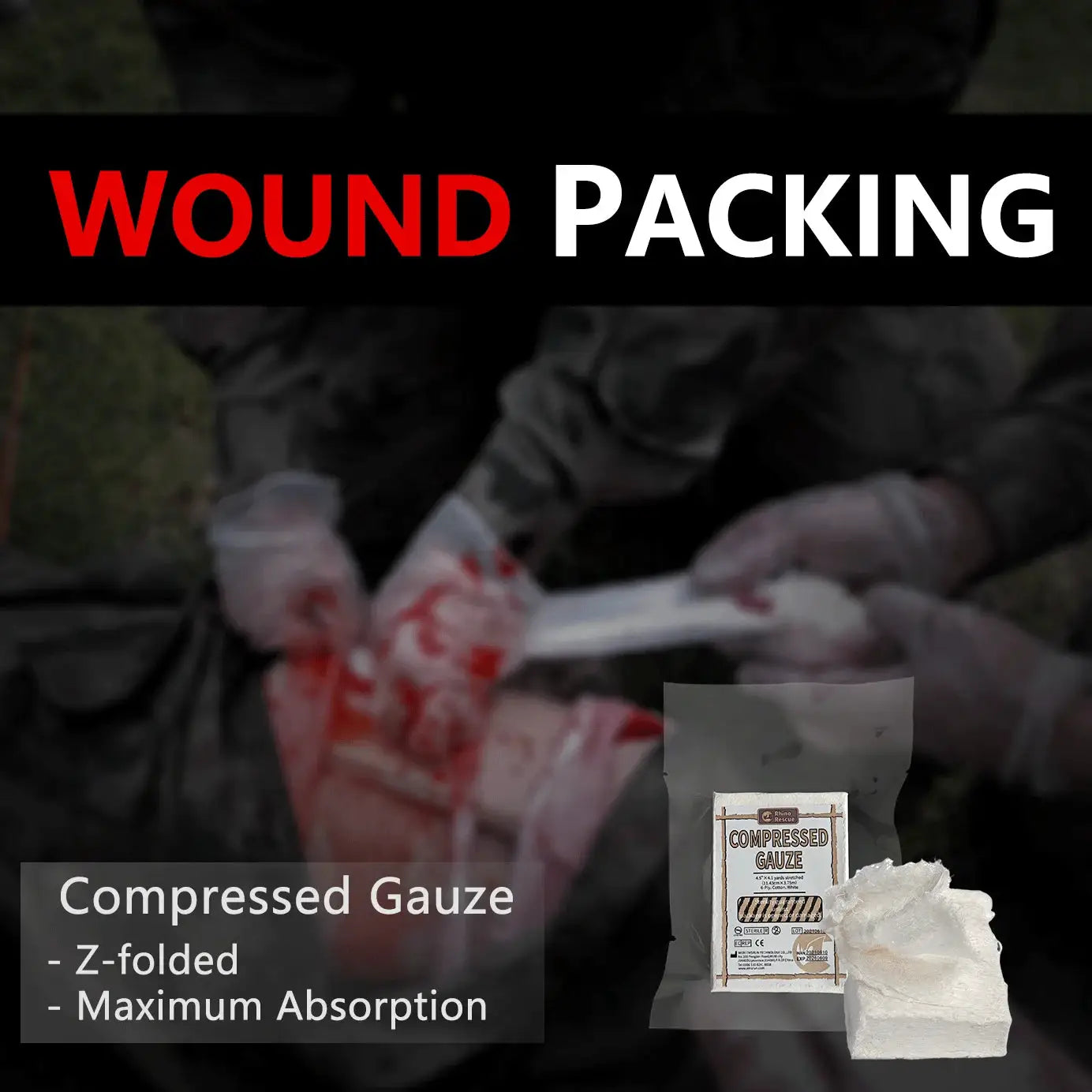 Rhino Rescue Compressed Gauze Sterile Wound Dressing for Emergency First Aid Camping Hiking