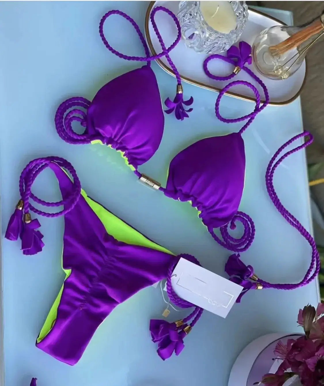 Bikini set backless rope triangle swimsuit in purple with neon lime accents by Simples Market