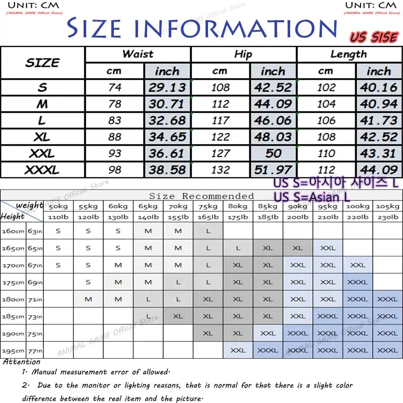Men's corduroy casual pants size chart by Simples Market showing waist, hip, and length measurements.