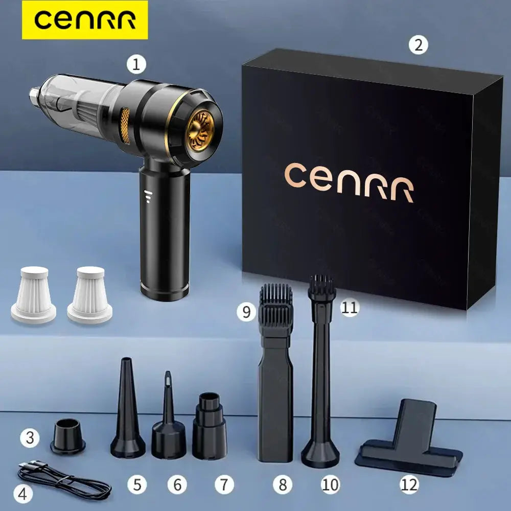 CENRR handheld car vacuum cleaner, black with clear canister and gold accent, includes 12 accessories.