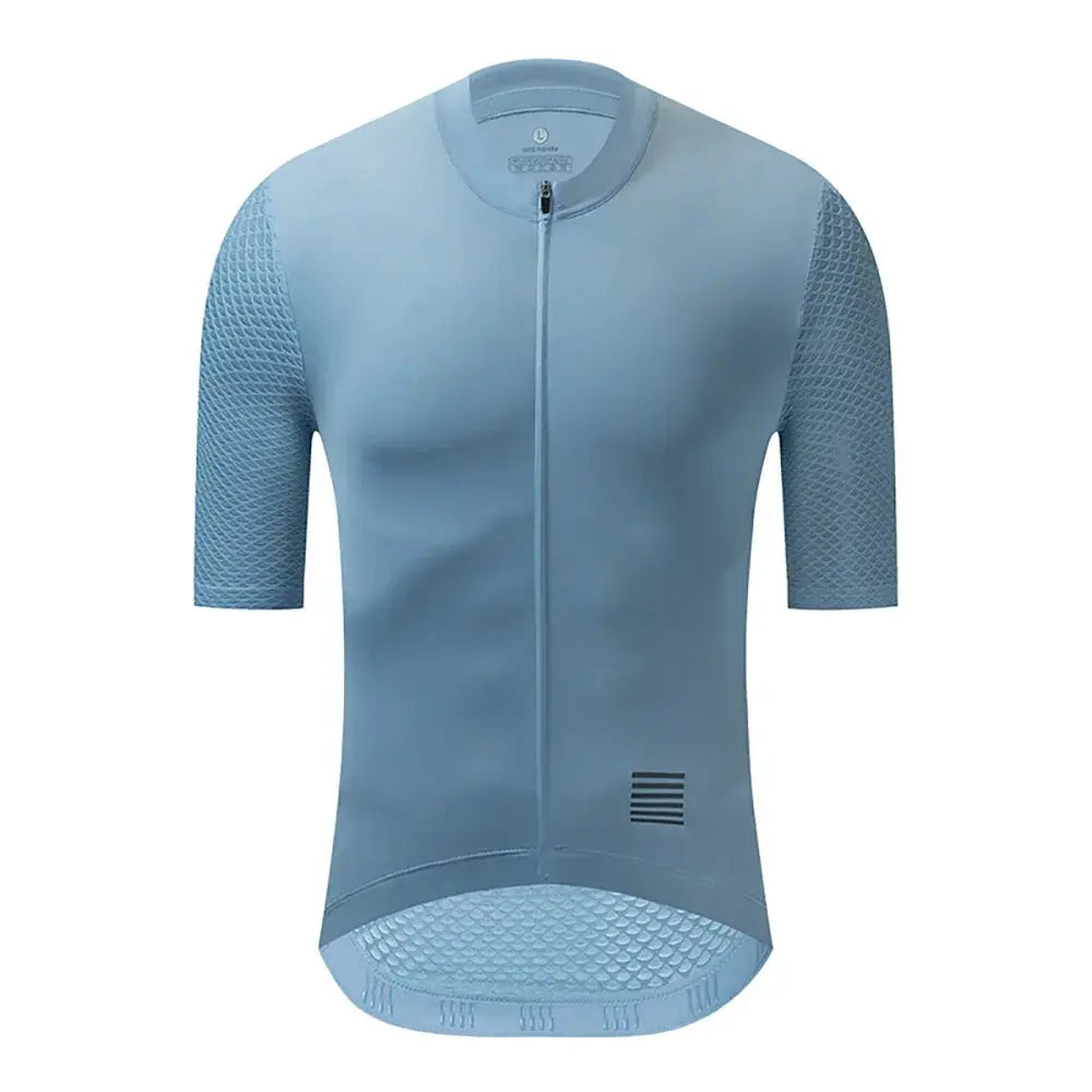 YKYWBIKE men's cycling jersey, light blue, short sleeves with mesh panels, full-front zipper, breathable.