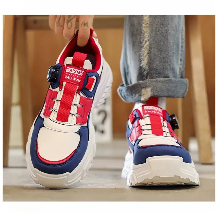 Simples Market men's high-top running shoes in red, white and blue with a thick sole.