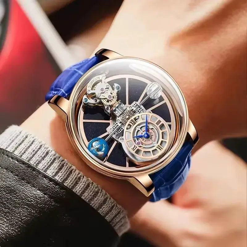 PINDU Design men's skeleton wristwatch by Simples Market, transparent hollow dial with blue leather strap.