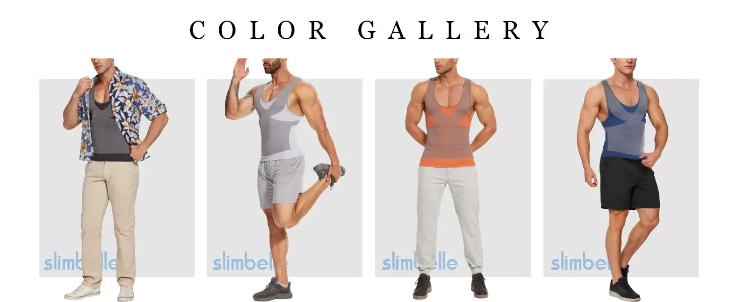 Men's slimming shapewear body shaper tops – four color options in gray/blue, slimbelle watermark
