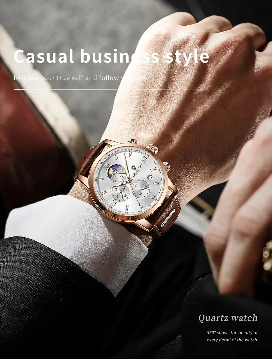 LIGE men's quartz chronograph watch with brown leather strap and rose-gold case