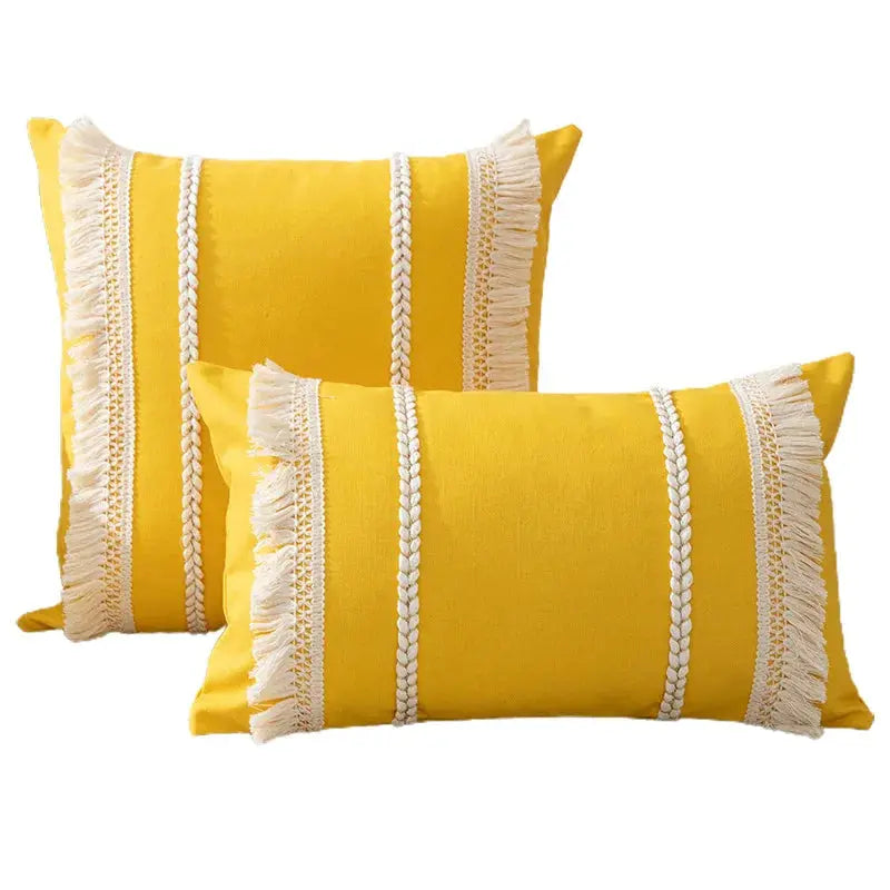 Bohemian yellow tassel throw pillows, set of 2 with white braided cords and fringe, Simples Market