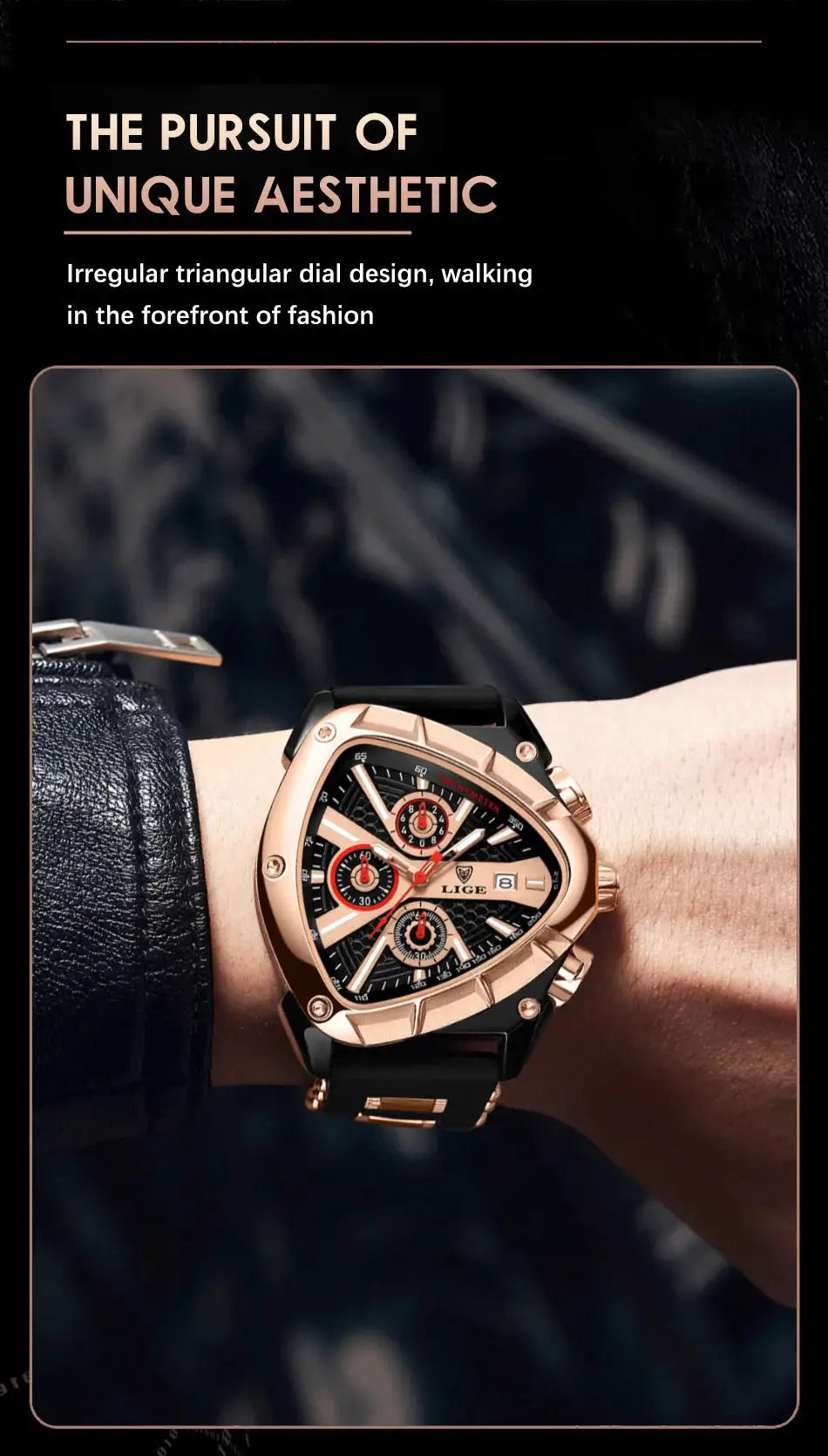 LIGE men's luxury wristwatch with rose-gold case, black chronograph dial and black strap