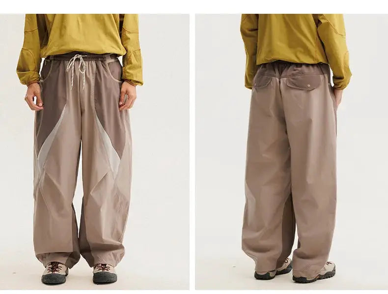Men outdoor lightweight quick-dry wide-leg cargo pants with taupe beige splice panels
