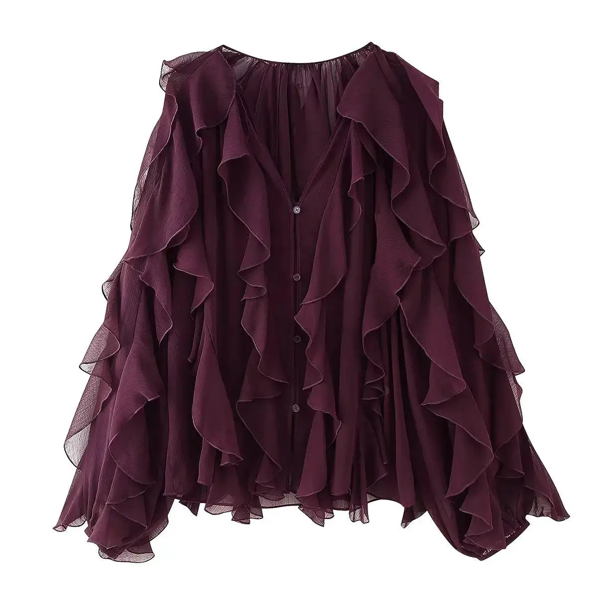 YENKYE women's burgundy semi-sheer ruffle blouse with long sleeves, V-neck and front buttons