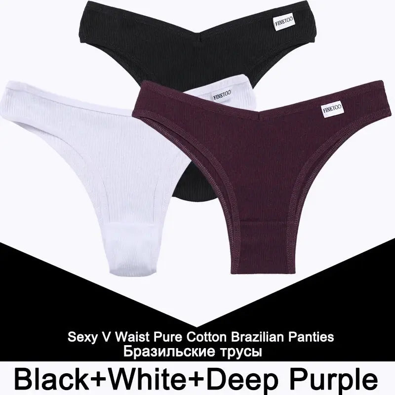 FINETOO 3-pack cotton women's thong panties in black, white, and deep purple