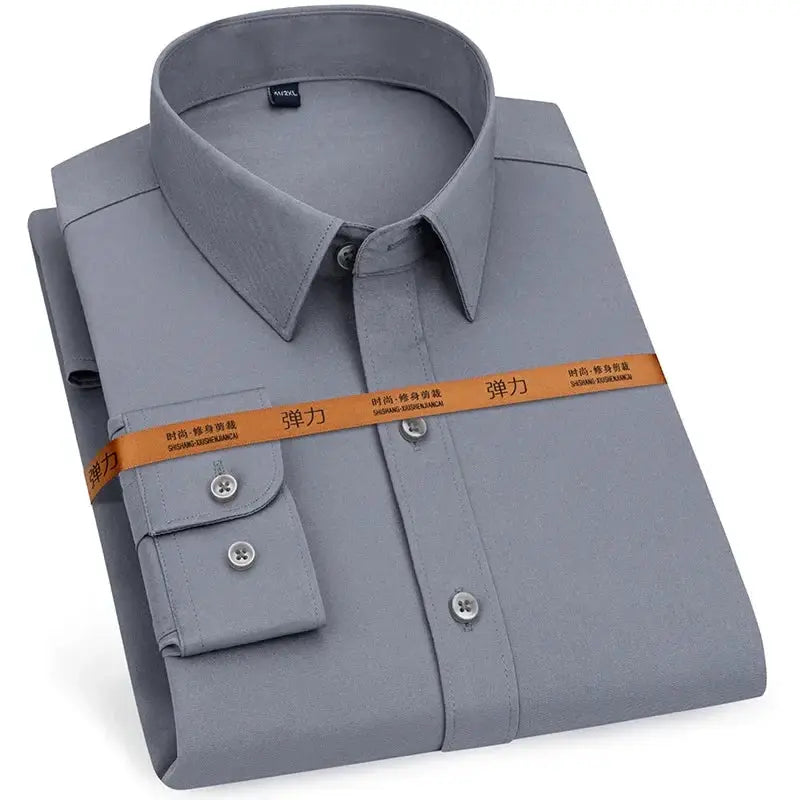 Simples Market men's dress shirt, long-sleeve slim-fit, solid gray-blue, non-iron fabric
