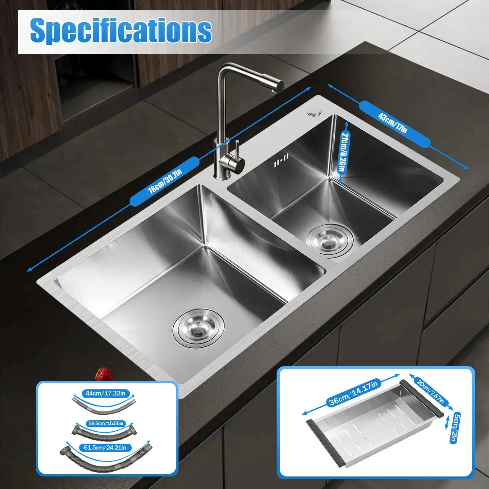 Stainless steel double-bowl drop-in kitchen sink with noise reduction and anti-condensation, easy to clean