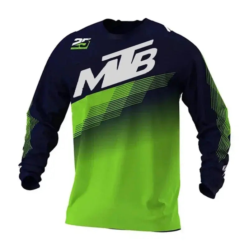 Motocross MTB cycling jersey, long-sleeve with navy to neon green gradient and MTB logo
