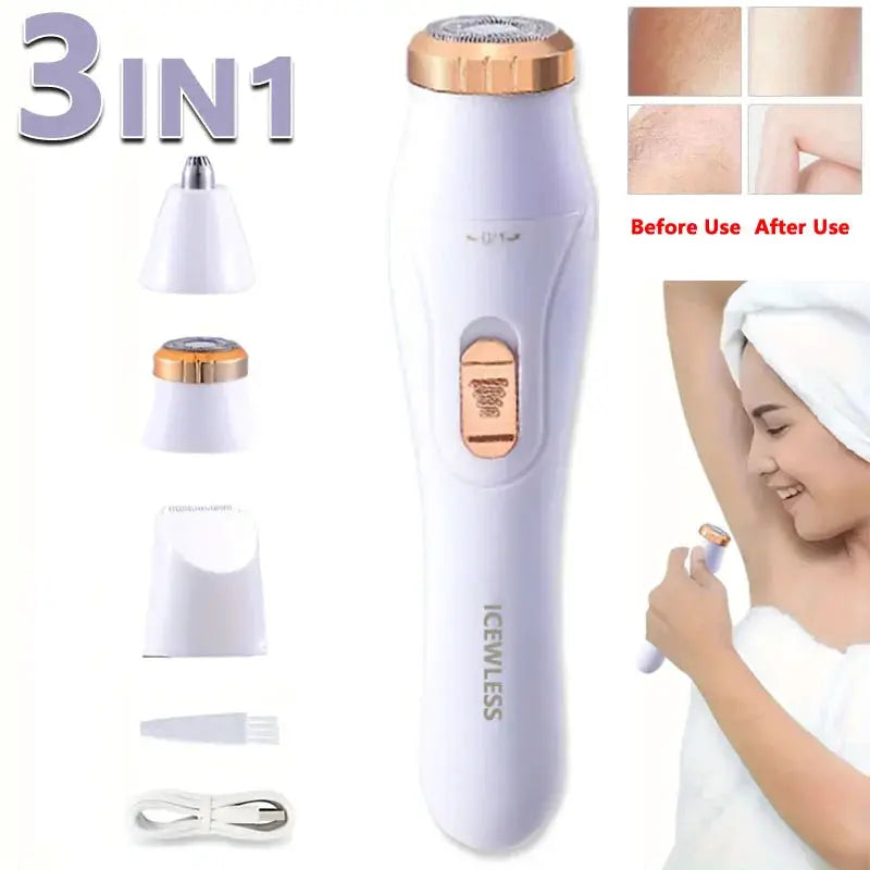 3-in-1 women's electric trimmer, white with rose-gold trim, waterproof bikini/arm/leg/face shaver by Simples Market