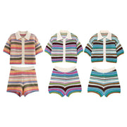 Women Patchwork Striped Crochet Knit Set Polo Collar Shorts Y2K Style