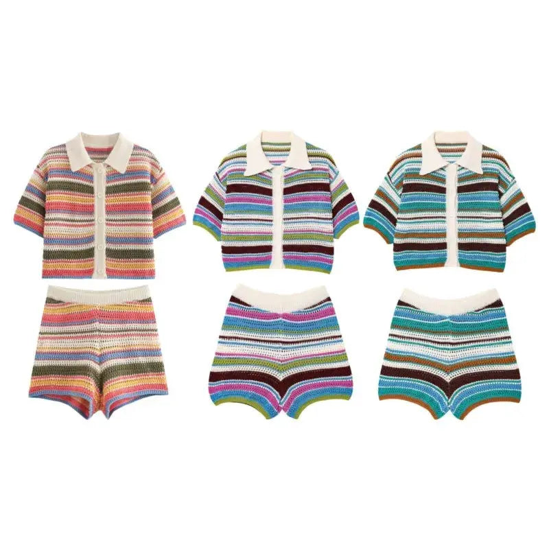 Women Patchwork Striped Crochet Knit Set Polo Collar Shorts Y2K Style