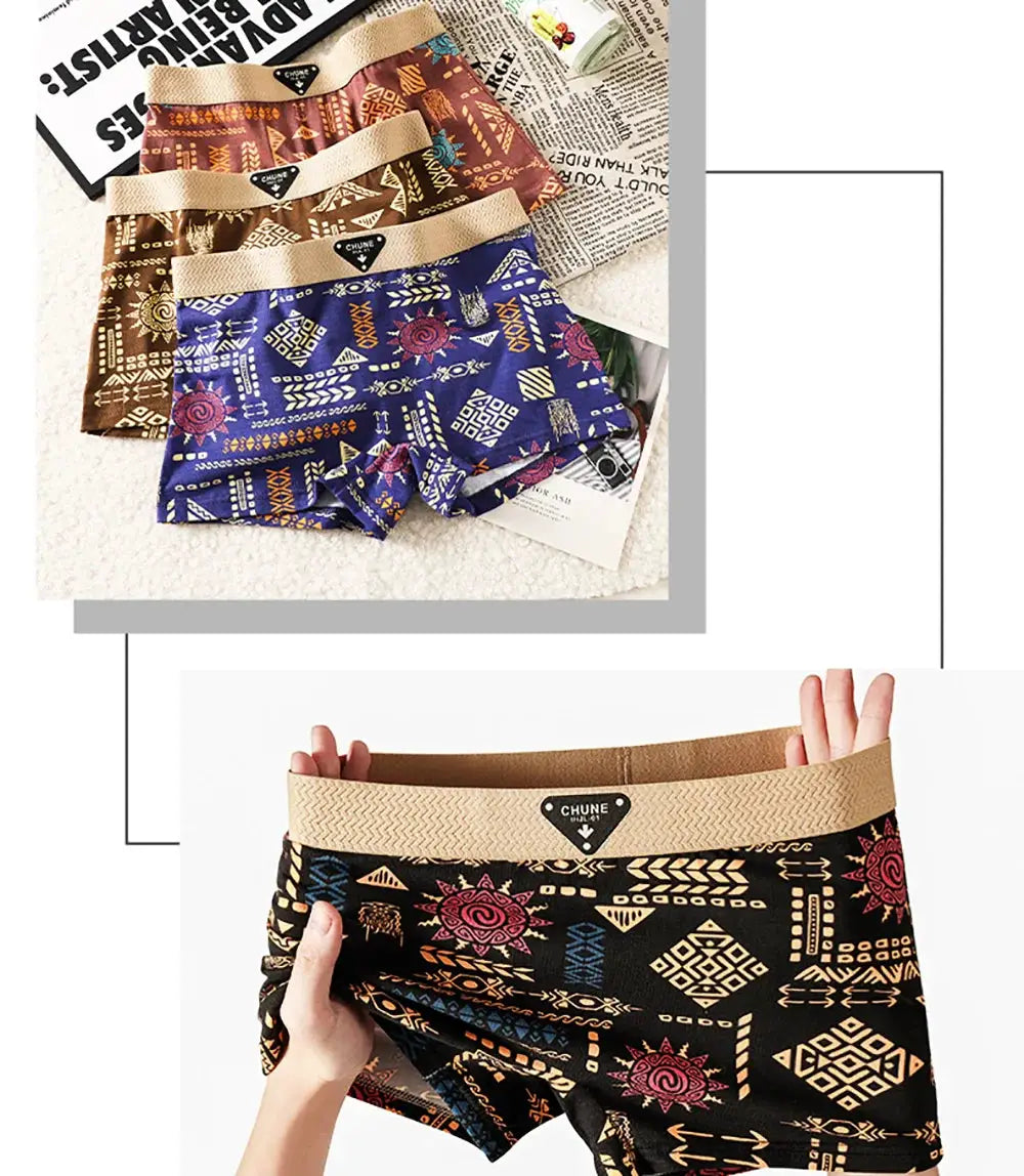 3-pack cotton vintage-print women's underwear with elastic waistband in brown, blue and black geometric designs