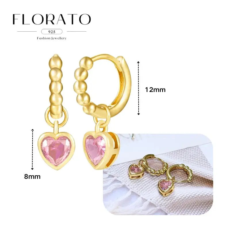 Florato 925 gold-tone hoop earrings with pink heart zircon pendants, 12mm hoops