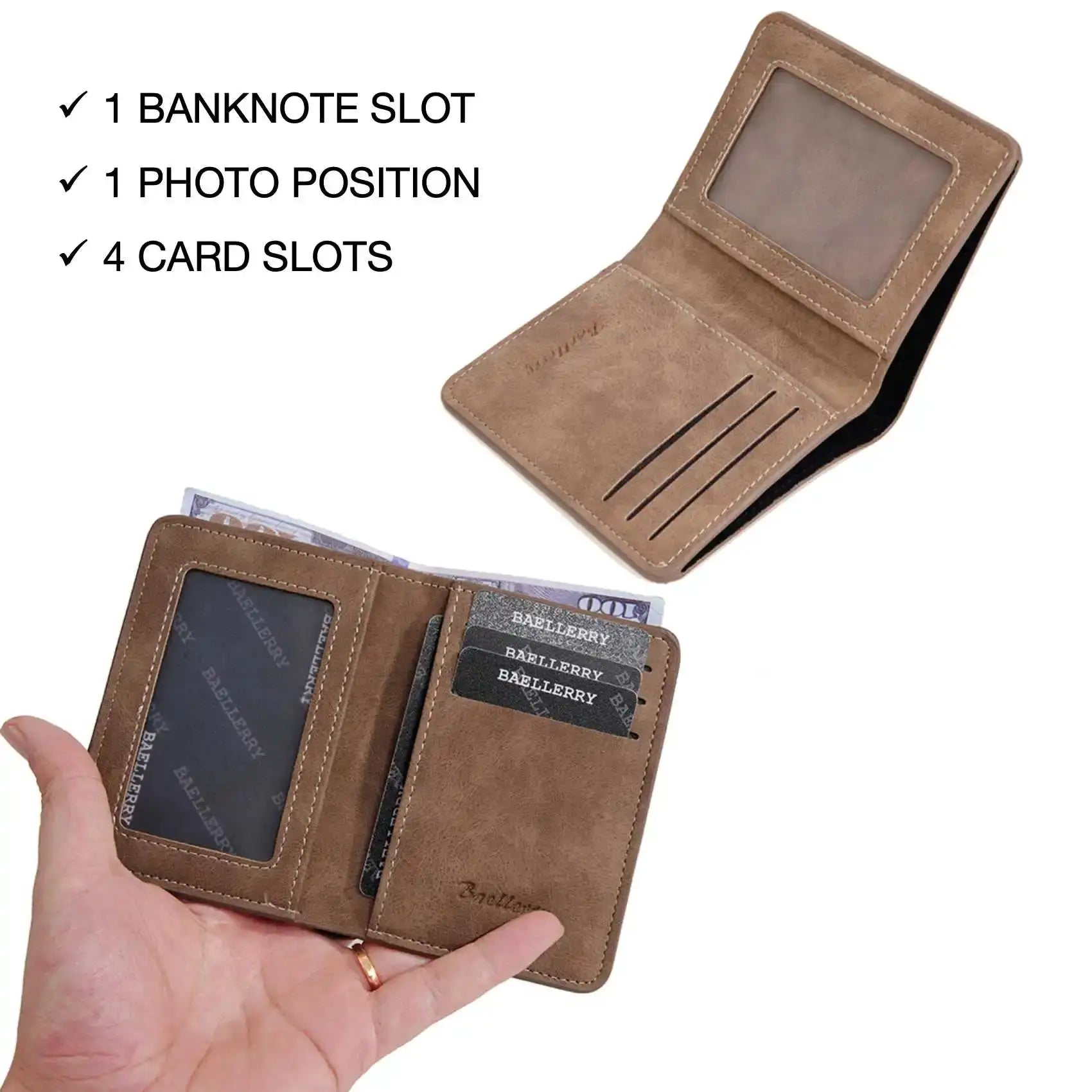 Tan leather bifold wallet by Simples Market with ID window, 4 card slots and 1 banknote slot