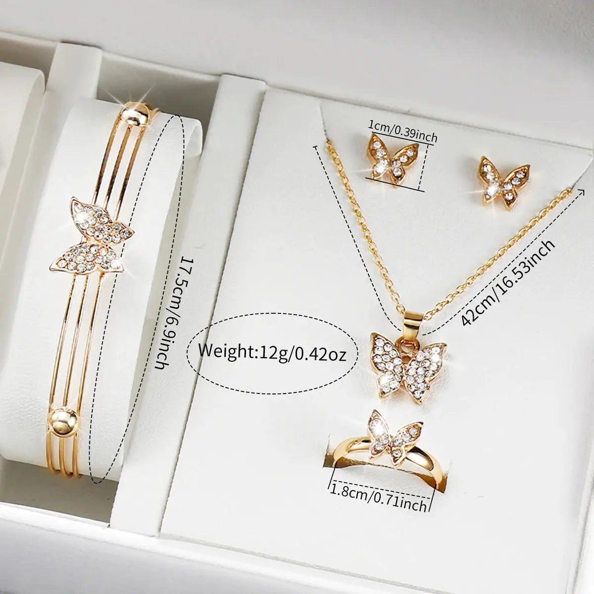 Simples Market 6-piece gold-tone butterfly jewelry and watch set: quartz watch, bracelet, necklace, earrings, and ring.