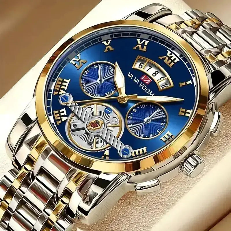 Men's luxury watch with blue dial, gold bezel, two-tone stainless steel bracelet, skeleton movement
