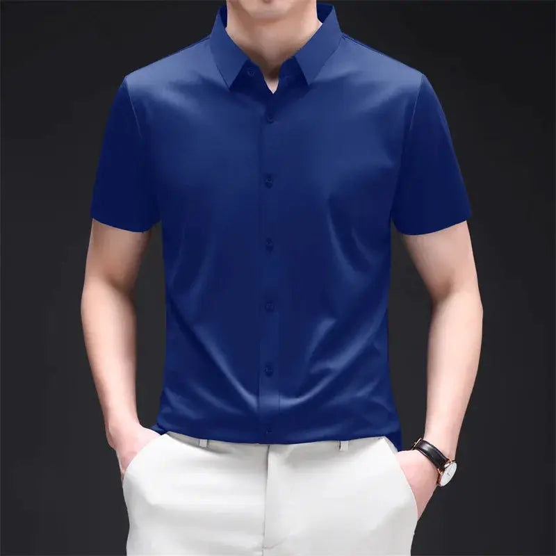 Mens Business Casual Short Sleeved Solid Color Shirt Wrinkle Resistant Wrinkle Free Comfortable All Season Versatile Top