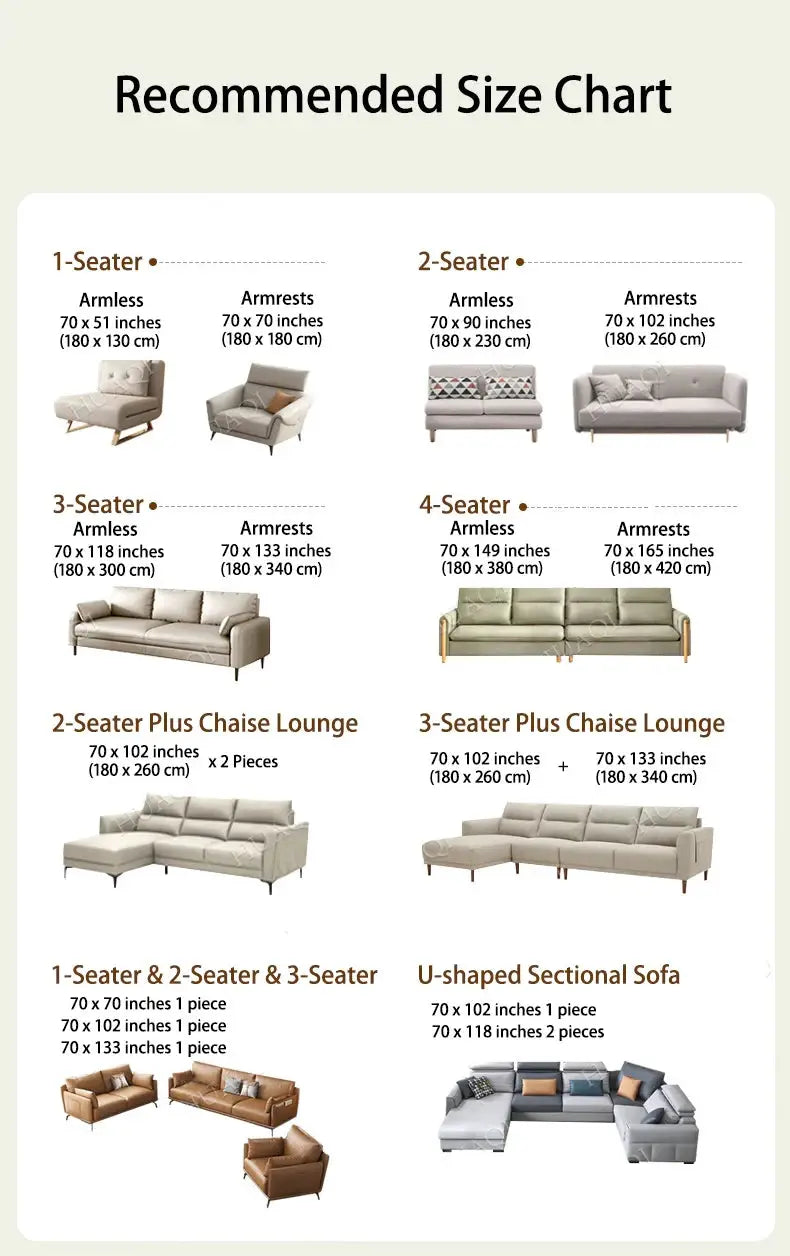 Sofa size guide showing 1–4 seater and sectional options with dimensions