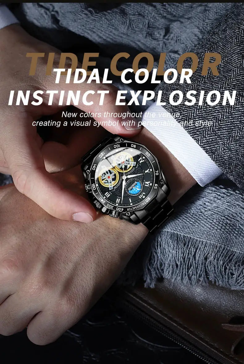 BINBOND luxury men's quartz watch with a black stainless steel band and skeleton dial