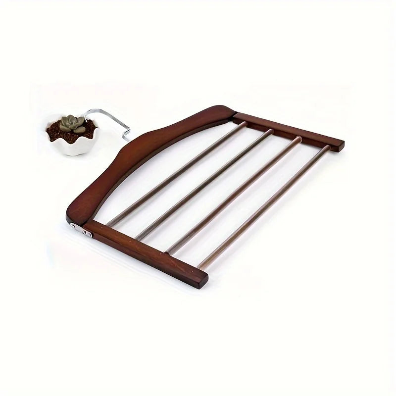 Solid wood multi-tier trouser rack with four metal rods, brown finish.