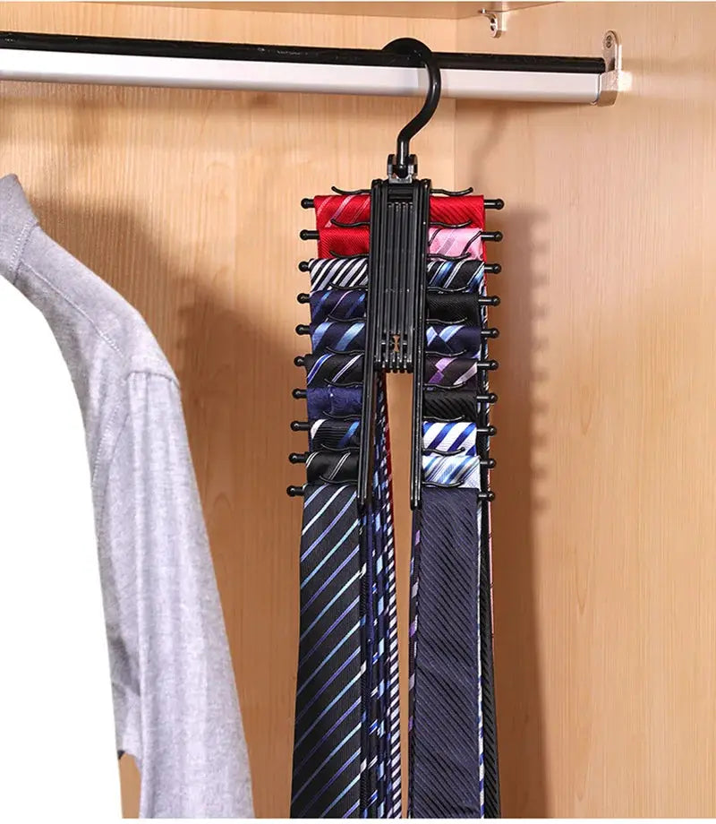 Adjustable tie storage rack with 360-degree rotating arms, black plastic, holding multiple ties and belts