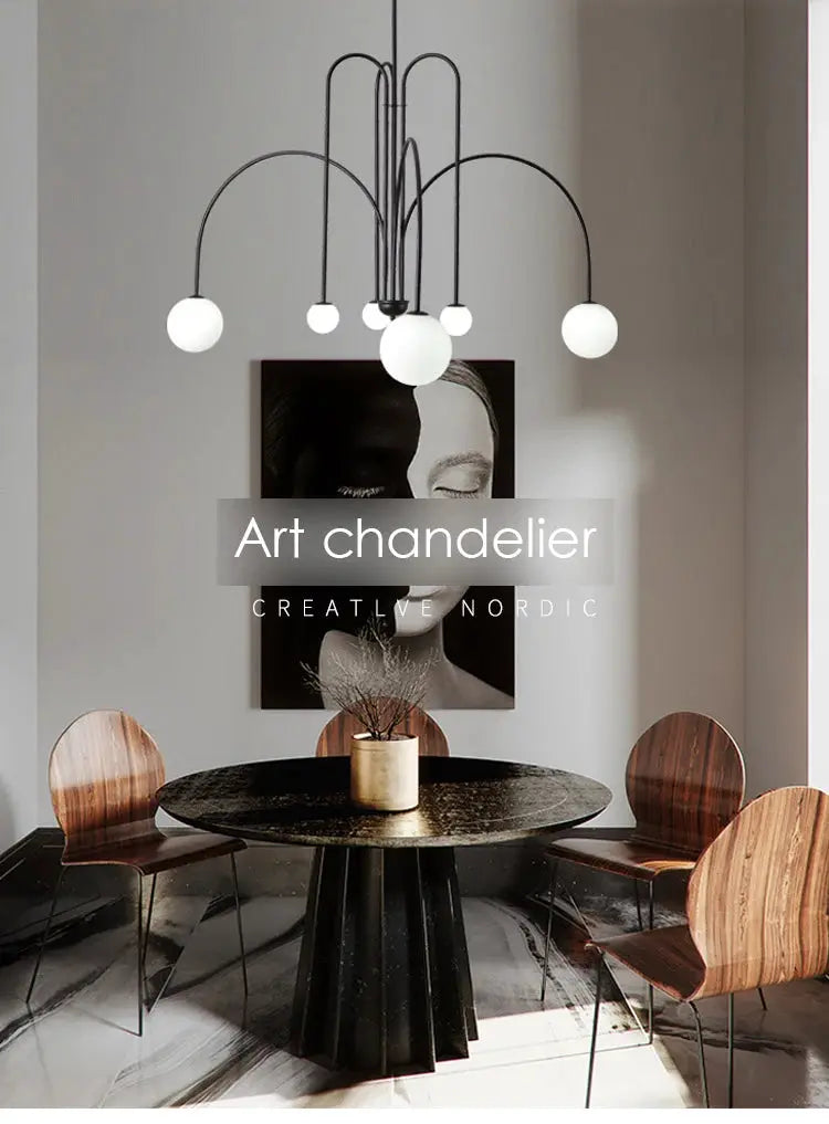 Nordic minimalist pendant light with black metal frame and white glass globes by Simples Market