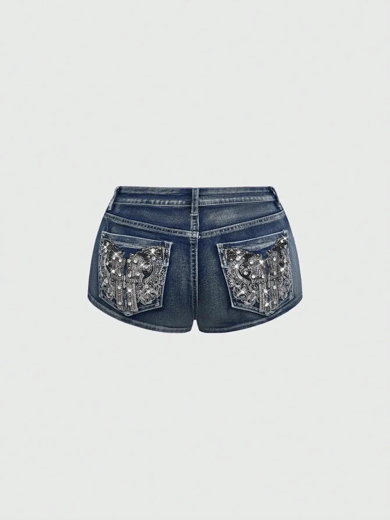 Low-rise denim shorts by Simples Market with silver-embroidered back pockets in blue denim