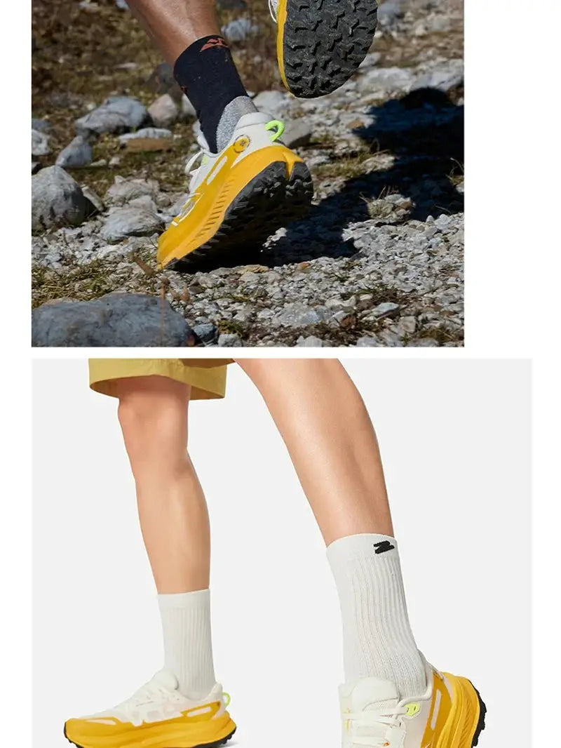 Li-Ning men's DI LU 2 trail running shoes, yellow and white, anti-slip and water-repellent with rugged outsole; 2-view collage.