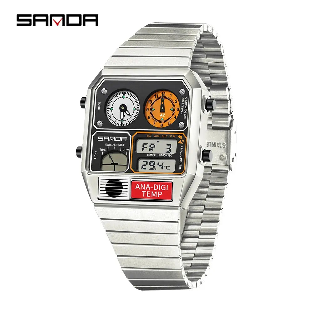 Sanda 3192 Mens Square Digital Analog Watch Waterproof Led Thermometer Stopwatch Sporty Durable Timepiece