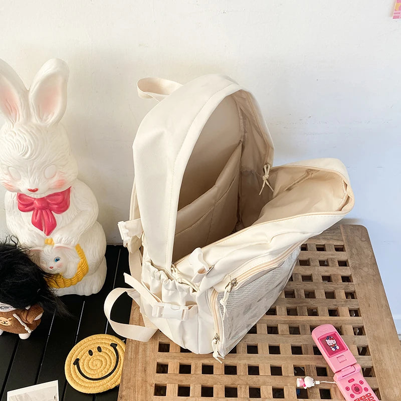 Ita bag backpack beige Japanese-style with large capacity and side mesh pocket