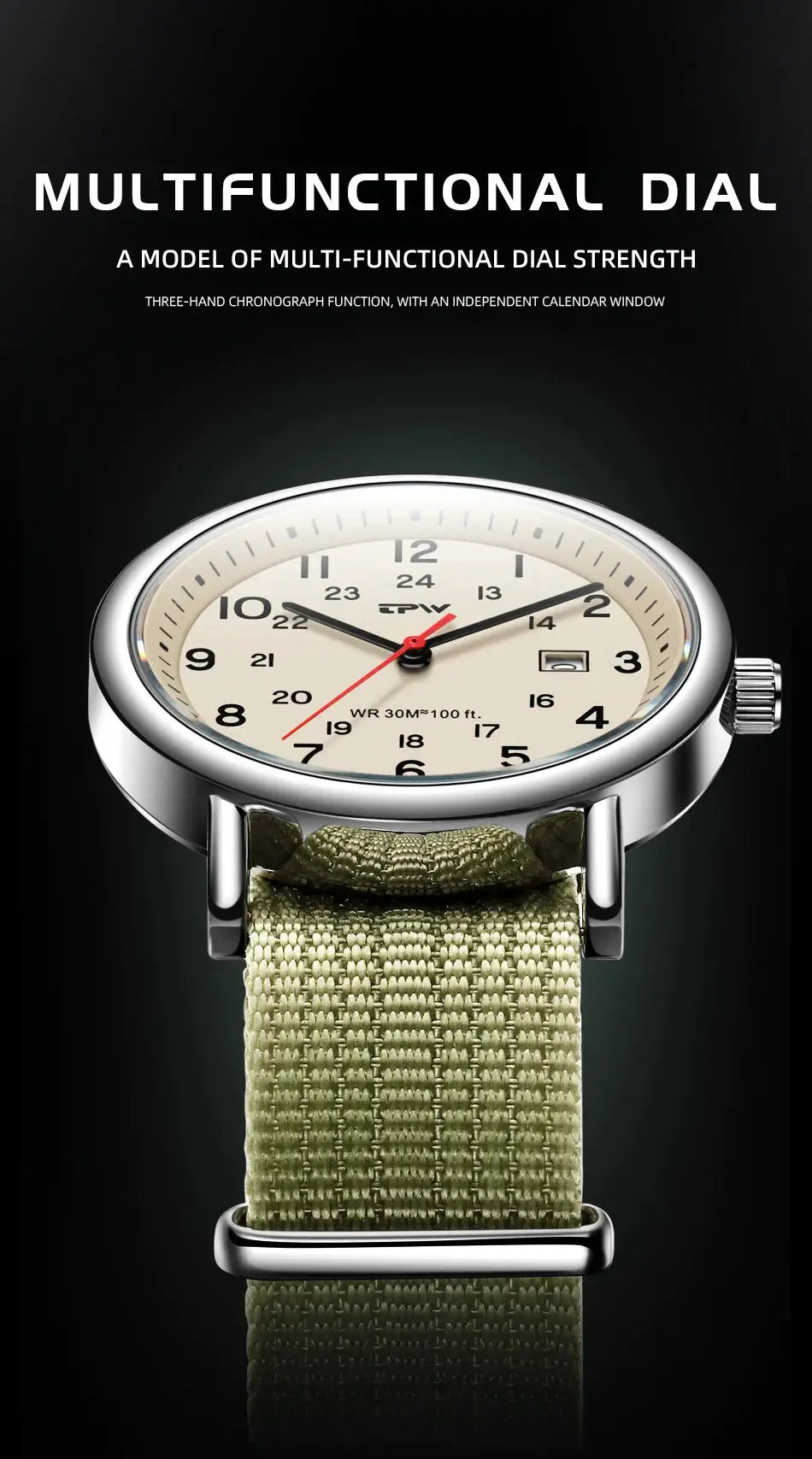 Simples Market TPW Field Watch with beige dial, olive fabric strap, 24-hour display, date window