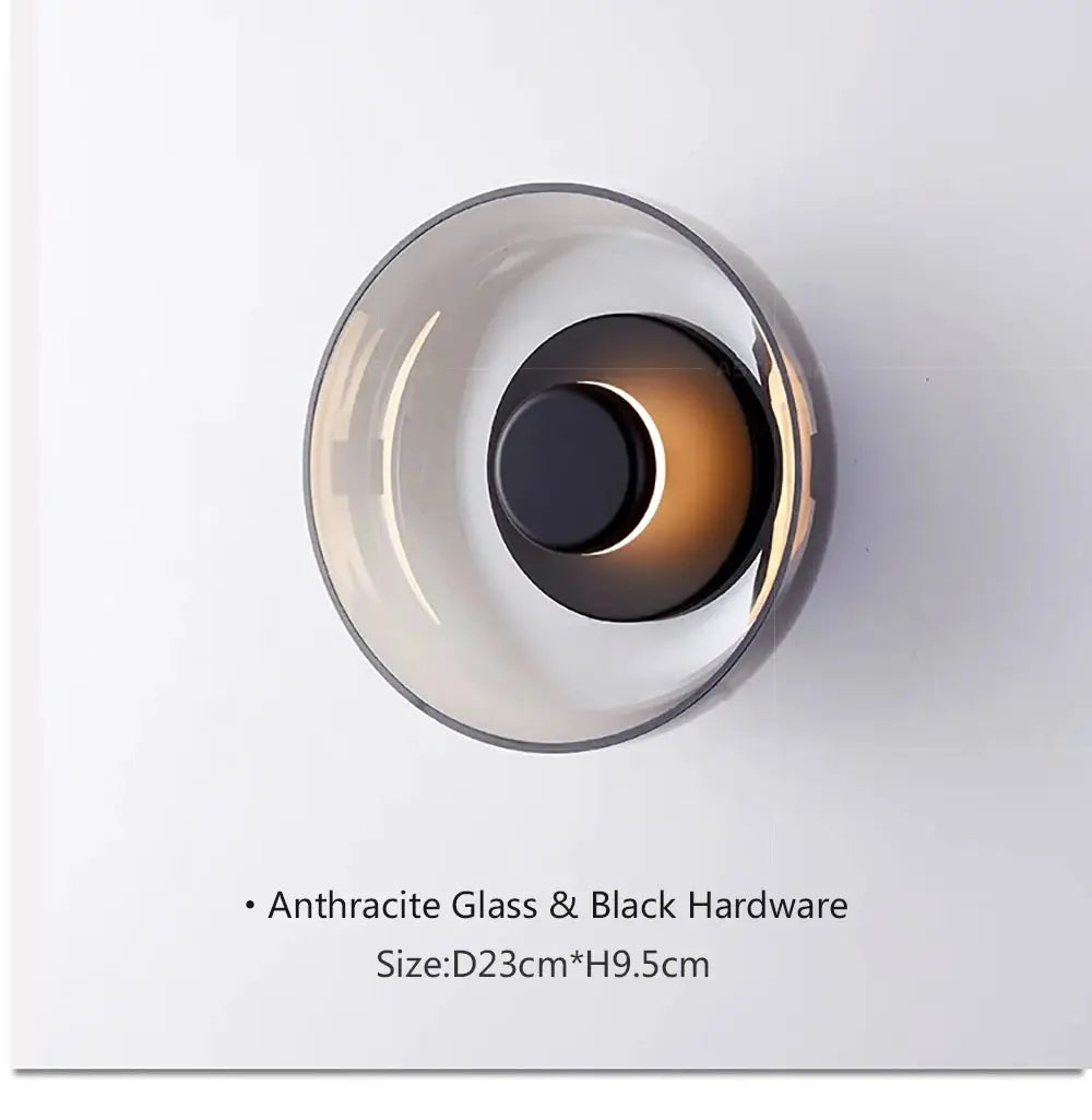 Nordic LED glass wall sconce by Simples Market; anthracite glass with black hardware, 23cm diameter, 9.5cm depth.