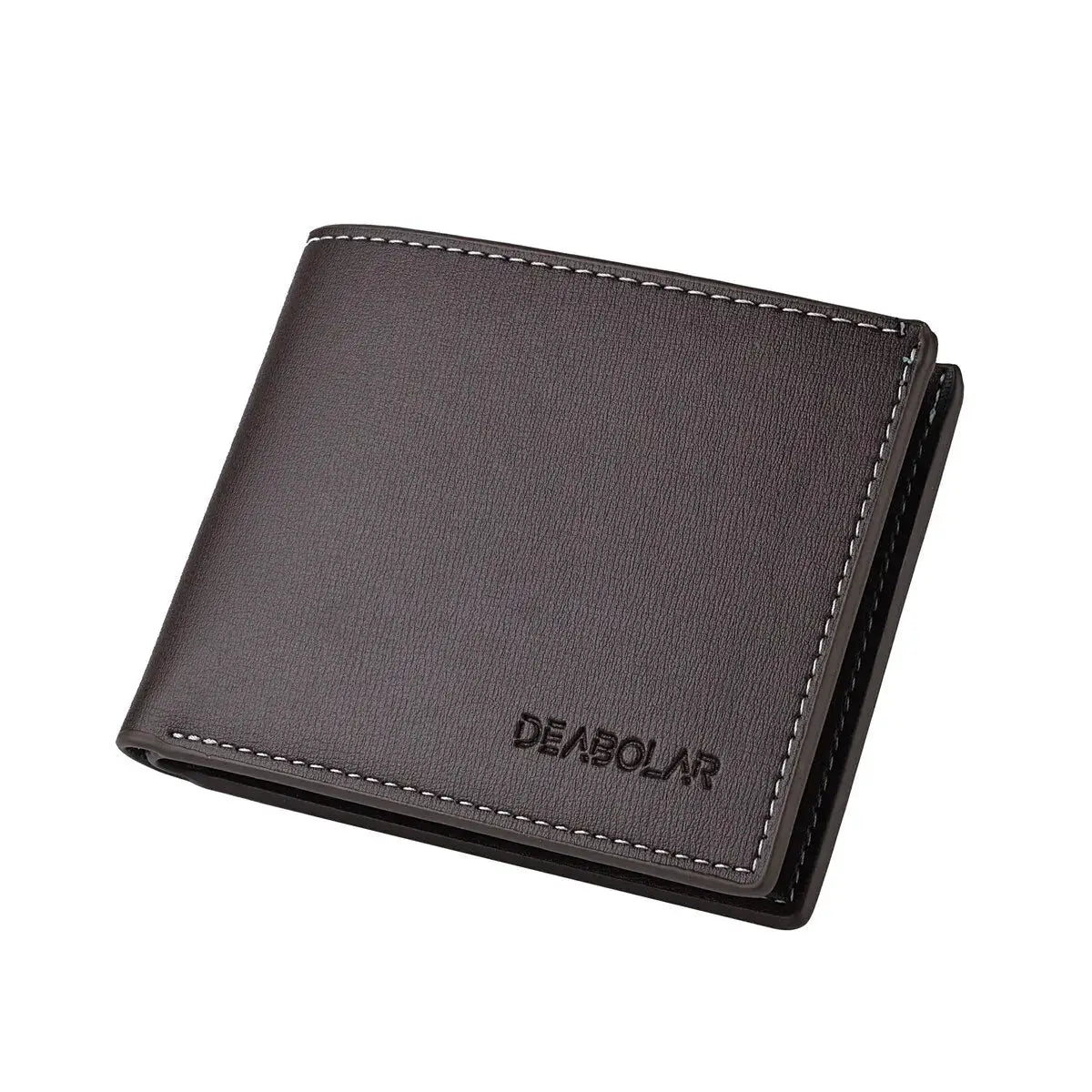 PU leather men's slim wallet, brown bi-fold card holder with white stitching, DEABOLAR embossed.