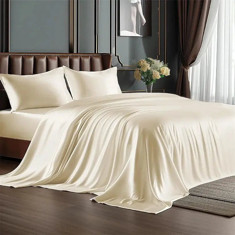 Mulberry silk bedding set in cream for bed; duvet cover and pillowcases included.